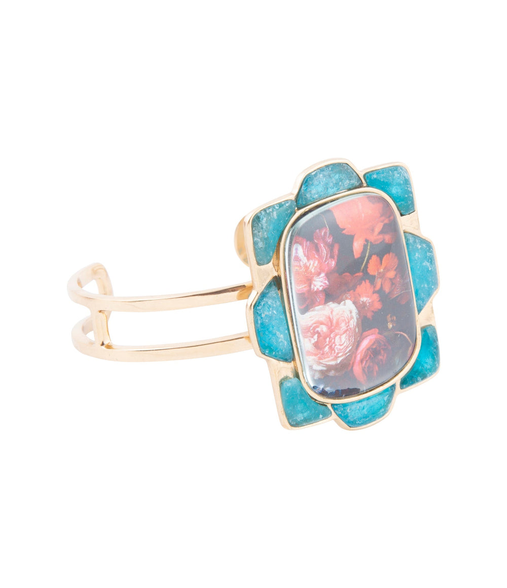 Scenic Red Floral Blue Apatite Golden Cuff Bracelet - Barse Jewelry