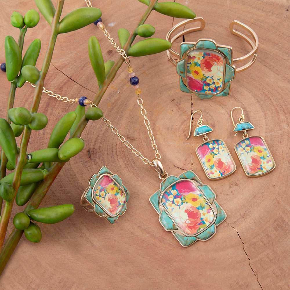 Scenic Floral Blue Turquoise Golden Ring - Barse Jewelry - Flyclothing LLC