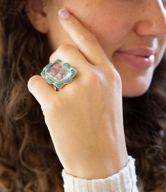Scenic Red Florals Blue Apatite Golden Statement Ring - Barse Jewelry - Flyclothing LLC