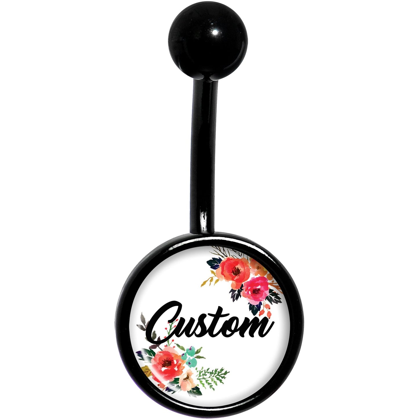 Custom Floral Personalized Name Black Belly Ring - BodyCandy - Flyclothing LLC