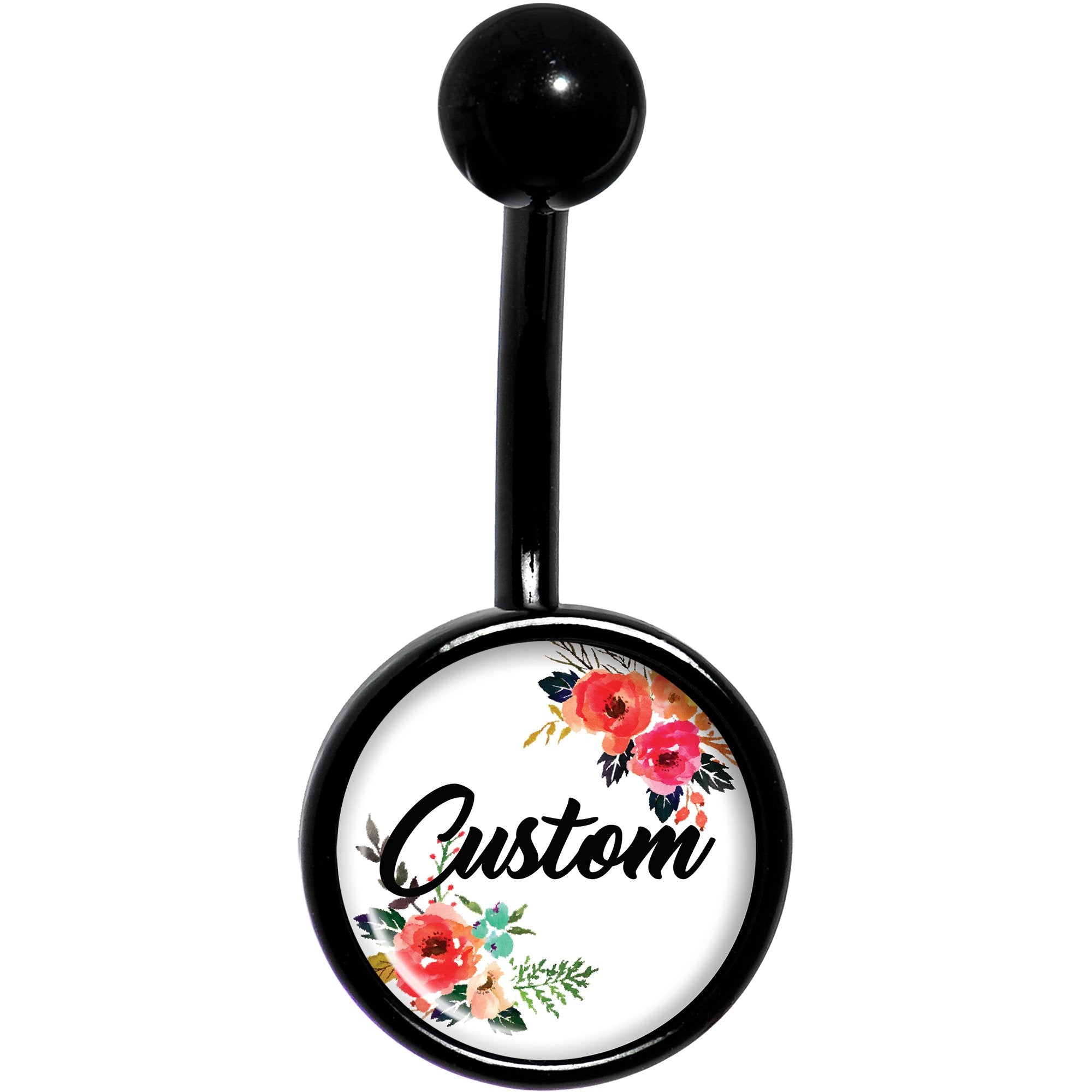 Custom Floral Personalized Name Black Belly Ring - BodyCandy - Flyclothing LLC