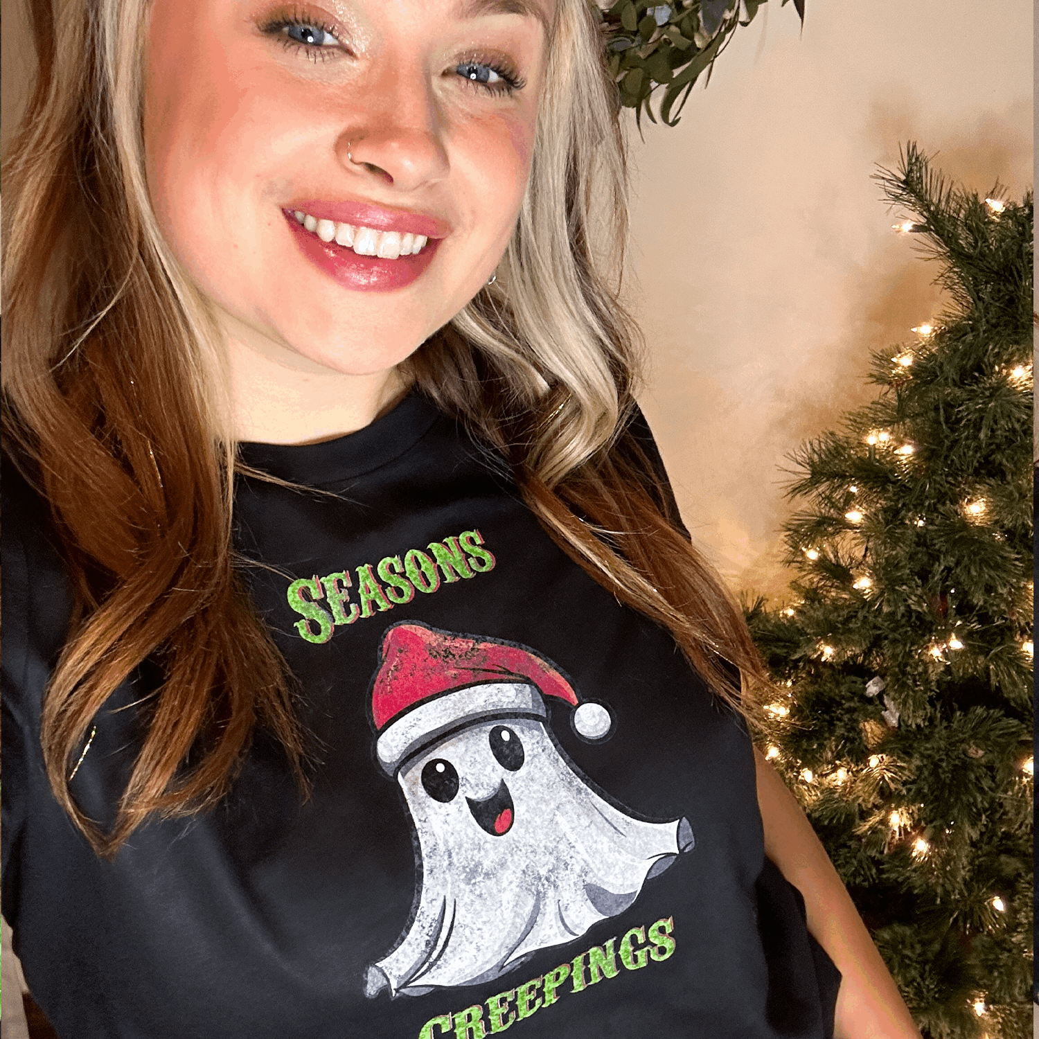 Holiday Christmas Spirit Ghost Black Tee Shirt