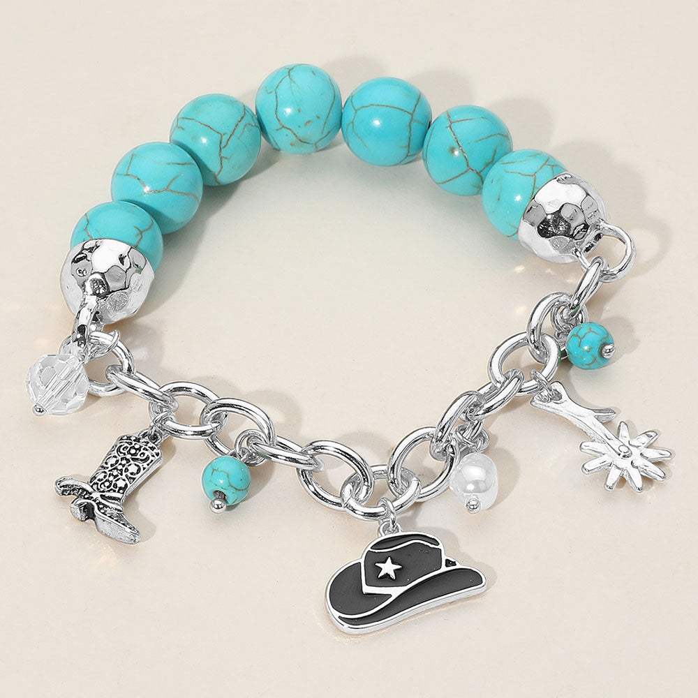 SECRET BOX Western Cowboy Hat Boot Flower Pearl Charm Beaded Stretch Bracelet - Madeline Love - Flyclothing LLC