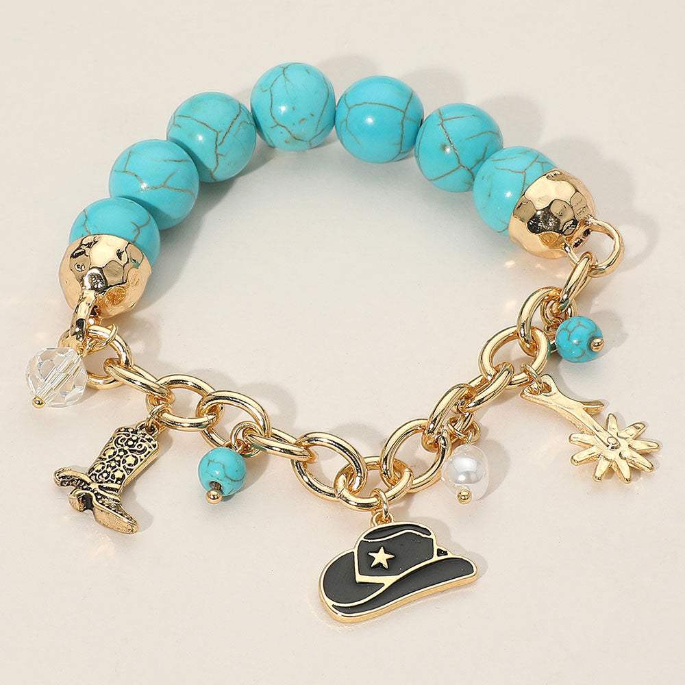 SECRET BOX Western Cowboy Hat Boot Flower Pearl Charm Beaded Stretch Bracelet - Madeline Love - Flyclothing LLC