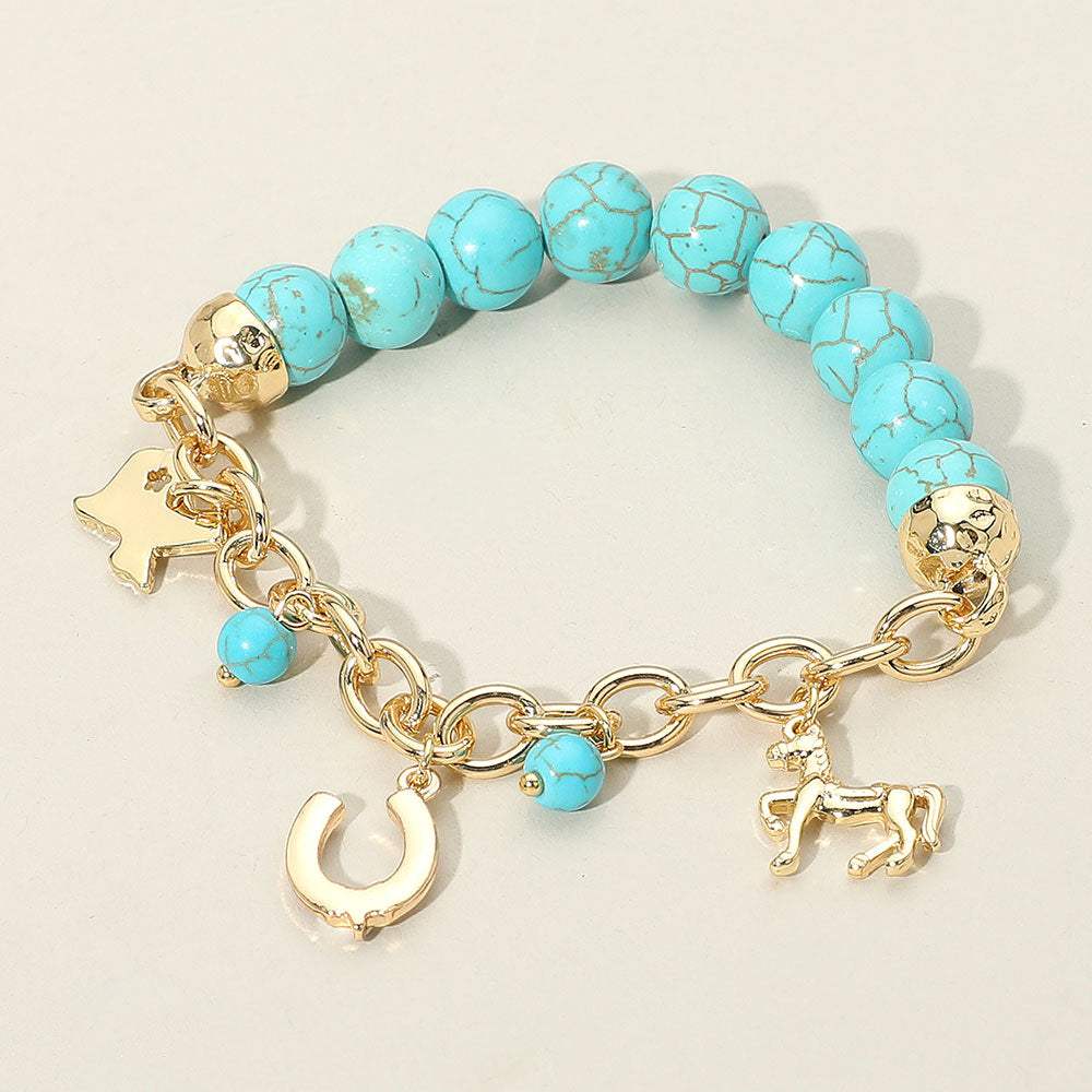 SECRET BOX Western Horse Horseshoe Texas Map Charm Station Turquoise Stone Beaded Stretch Bracelet - Madeline Love - Flyclothing LLC