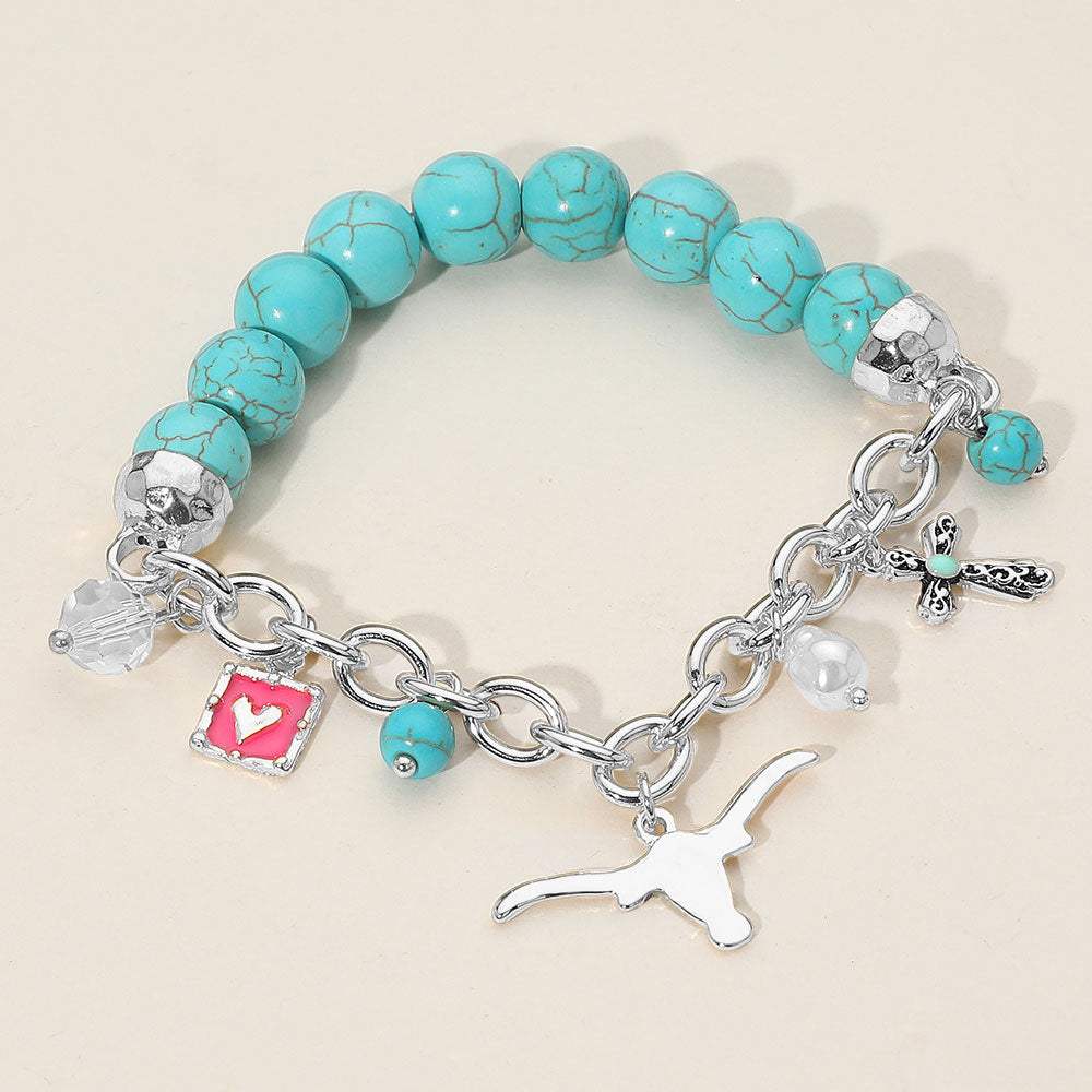 SECRET BOX Western Steer Head Cross Heart Pearl Charm Beaded Stretch Bracelet - Madeline Love - Flyclothing LLC