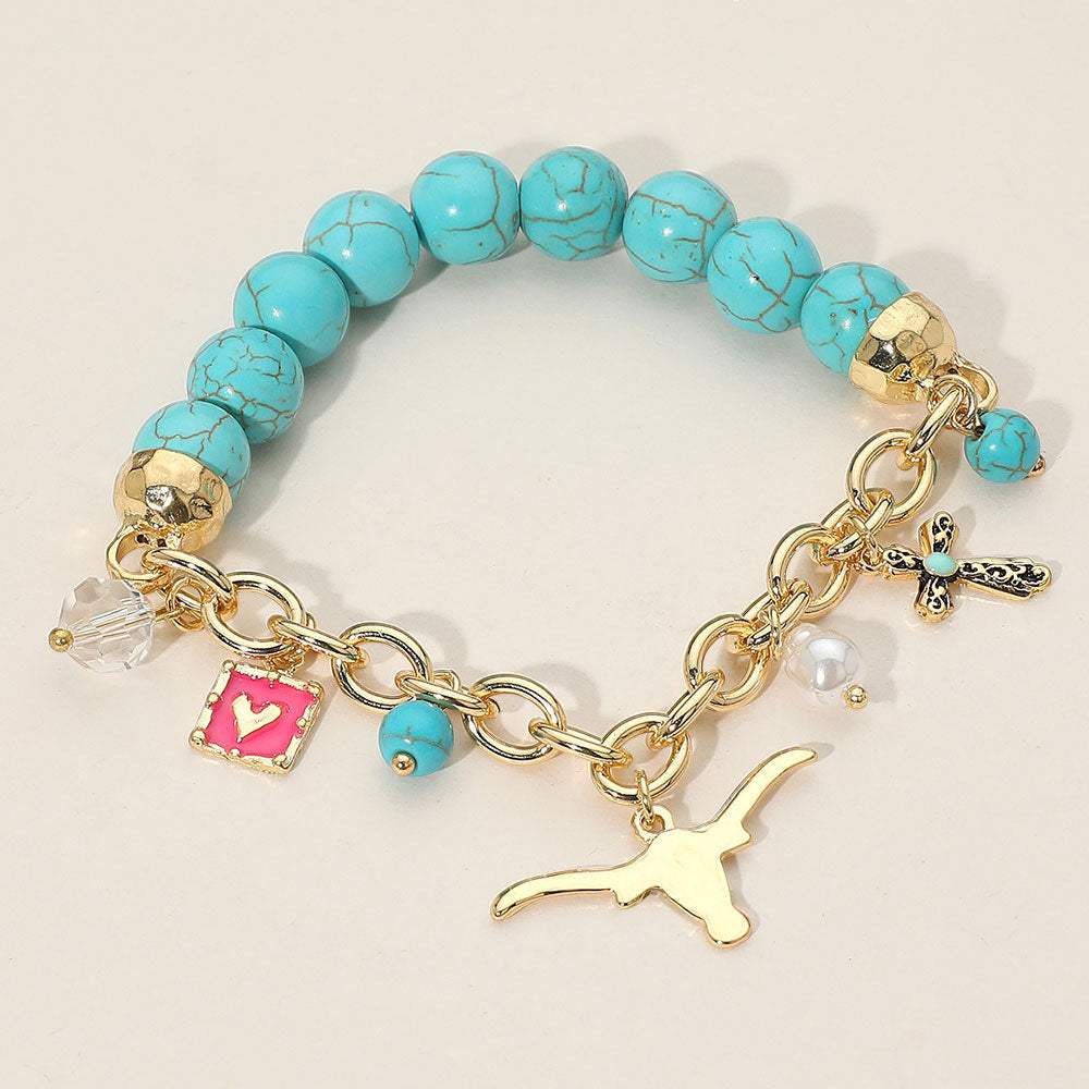 SECRET BOX Western Steer Head Cross Heart Pearl Charm Beaded Stretch Bracelet - Madeline Love - Flyclothing LLC