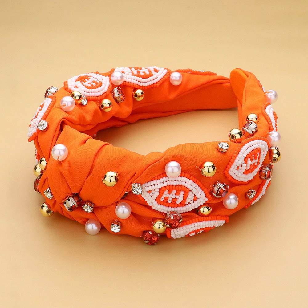 Seed Beaded Football Pearl Stone Cluster Embellished Knot Headband - Madeline Love - Flyclothing LLC