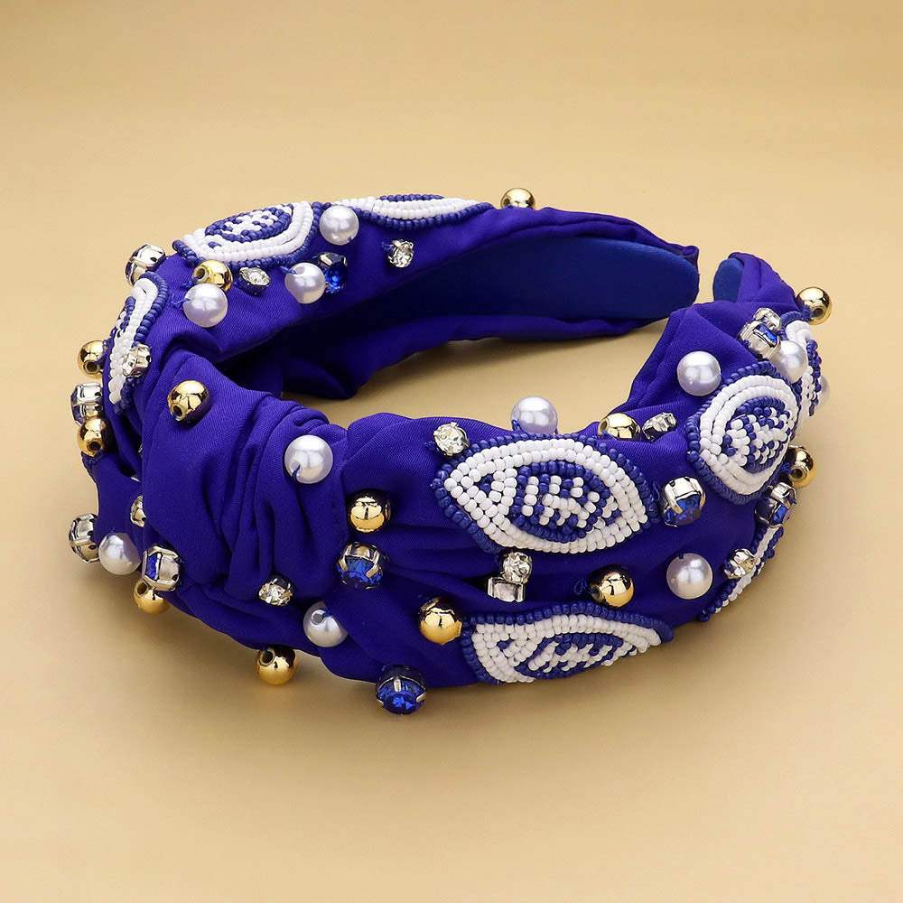 Seed Beaded Football Pearl Stone Cluster Embellished Knot Headband - Madeline Love - Flyclothing LLC