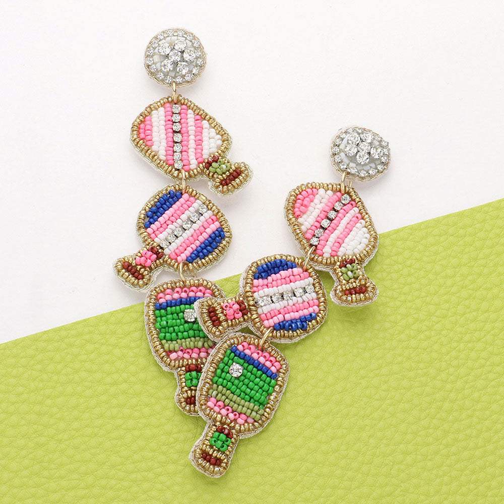 Seed Beaded Pickleball Paddle Link Dropdown Dangle Earrings - Madeline Love - Flyclothing LLC