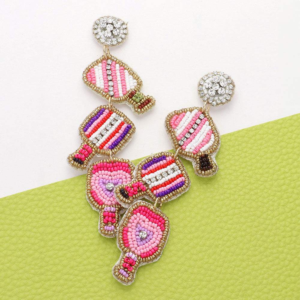 Seed Beaded Pickleball Paddle Link Dropdown Dangle Earrings - Madeline Love - Flyclothing LLC