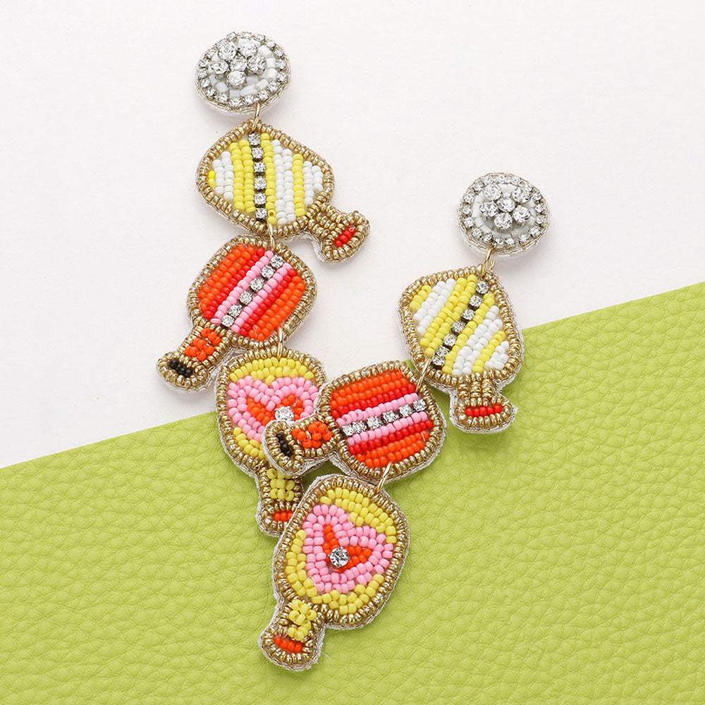 Seed Beaded Pickleball Paddle Link Dropdown Dangle Earrings - Madeline Love - Flyclothing LLC