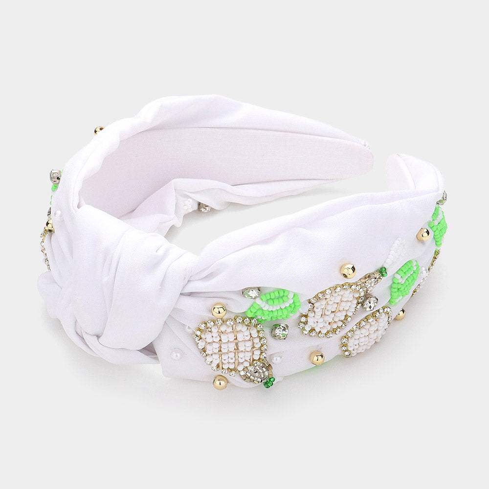 Seed Beaded Tennis Racket Pearl Stone Cluster Embellished Knot Headband - Madeline Love - Flyclothing LLC