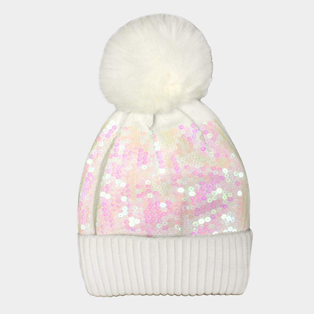 Sequin Embellished Pom Pom Beanie Hat - Madeline Love - Flyclothing LLC