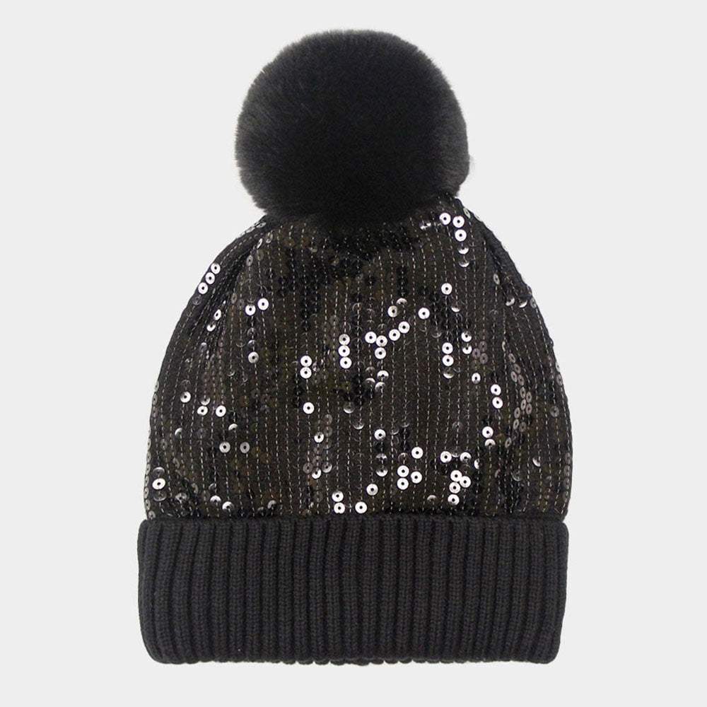 Sequin Embellished Pom Pom Beanie Hat - Madeline Love - Flyclothing LLC