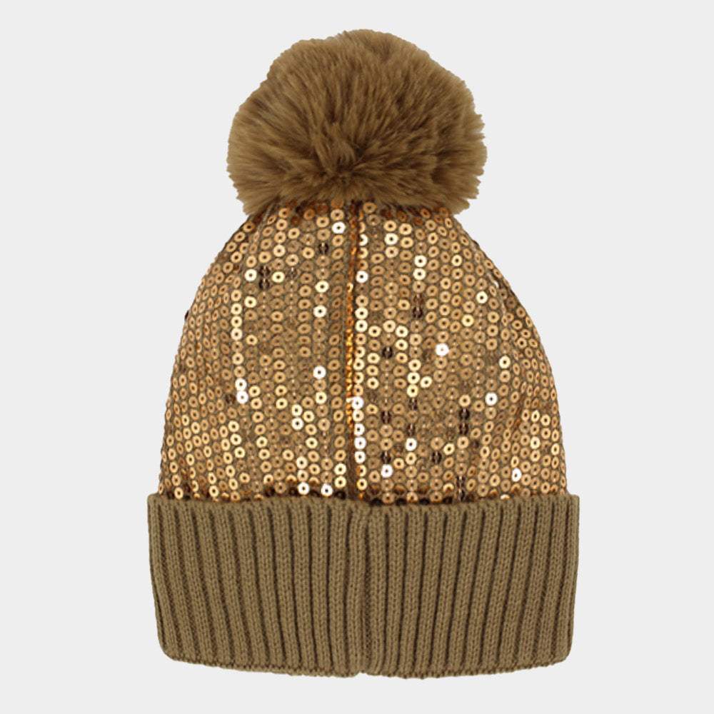 Sequin Embellished Pom Pom Beanie Hat - Madeline Love - Flyclothing LLC
