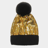 Sequin Embellished Pom Pom Beanie Hat - Madeline Love - Flyclothing LLC