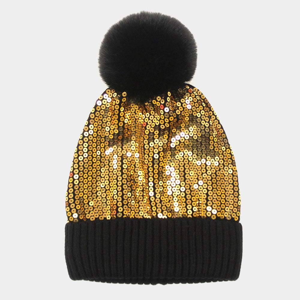 Sequin Embellished Pom Pom Beanie Hat - Madeline Love - Flyclothing LLC