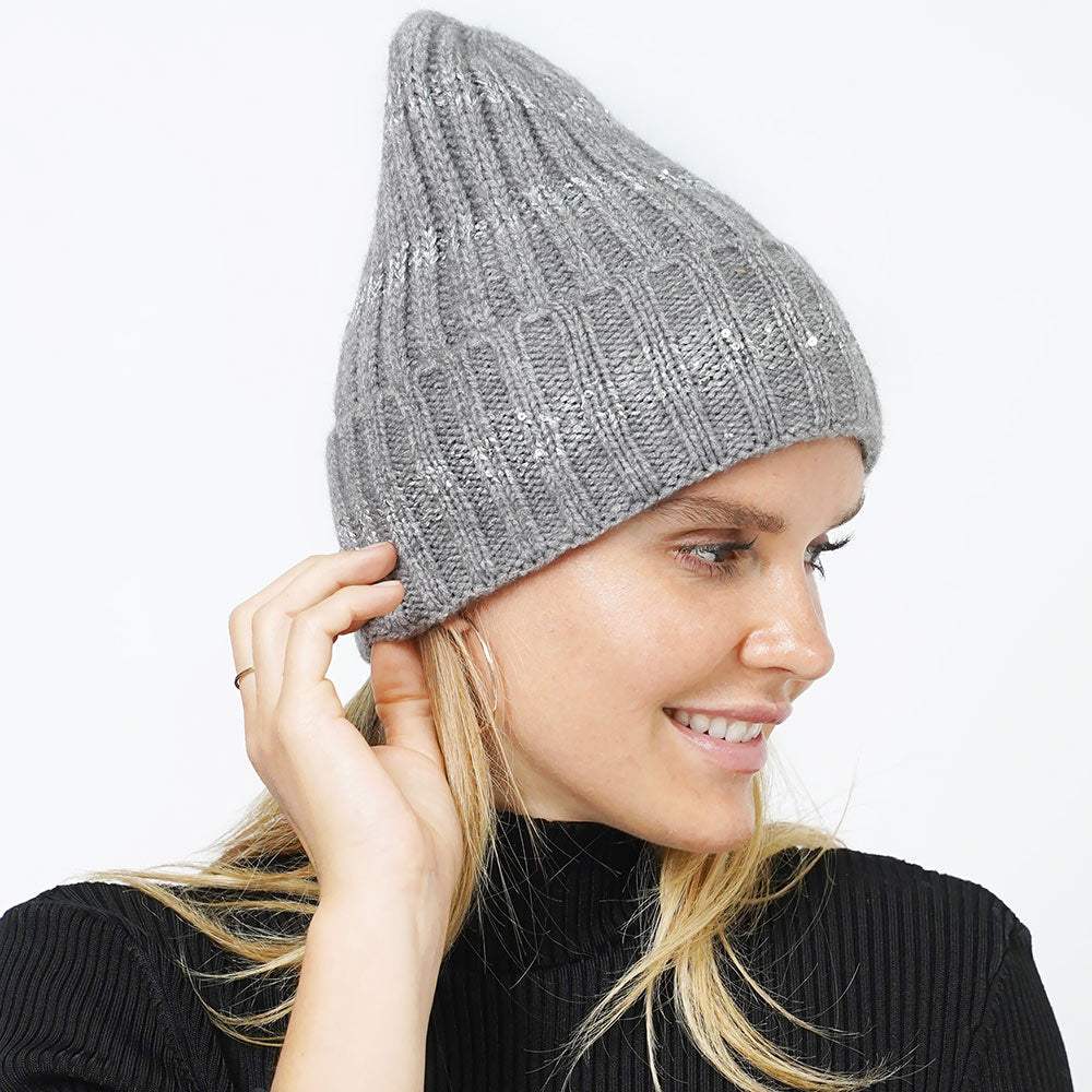 Sequin Stripe Knit Beanie Hat - Madeline Love - Flyclothing LLC