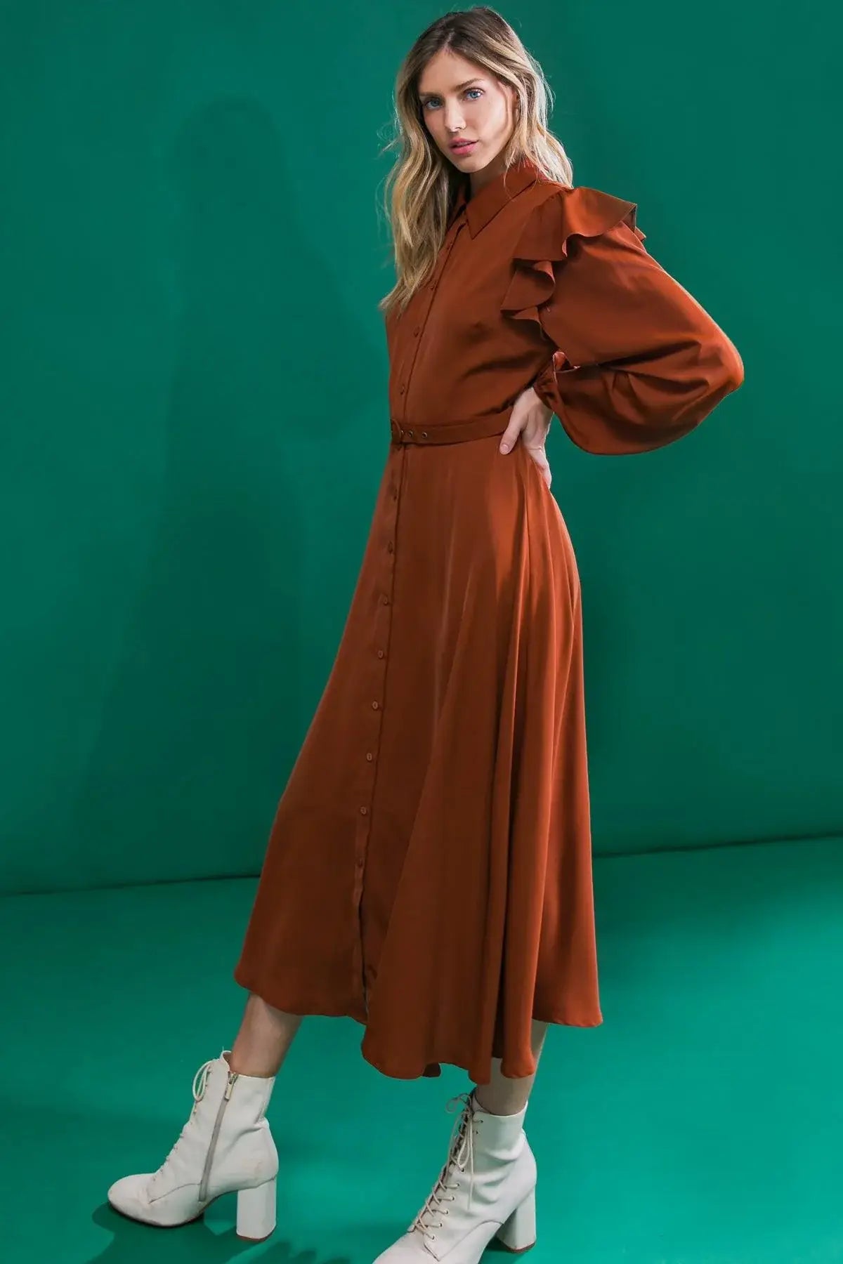 TIER ELEGANCE BROWN WOVEN MIDI DRESS - Flying Tomato - Flyclothing LLC