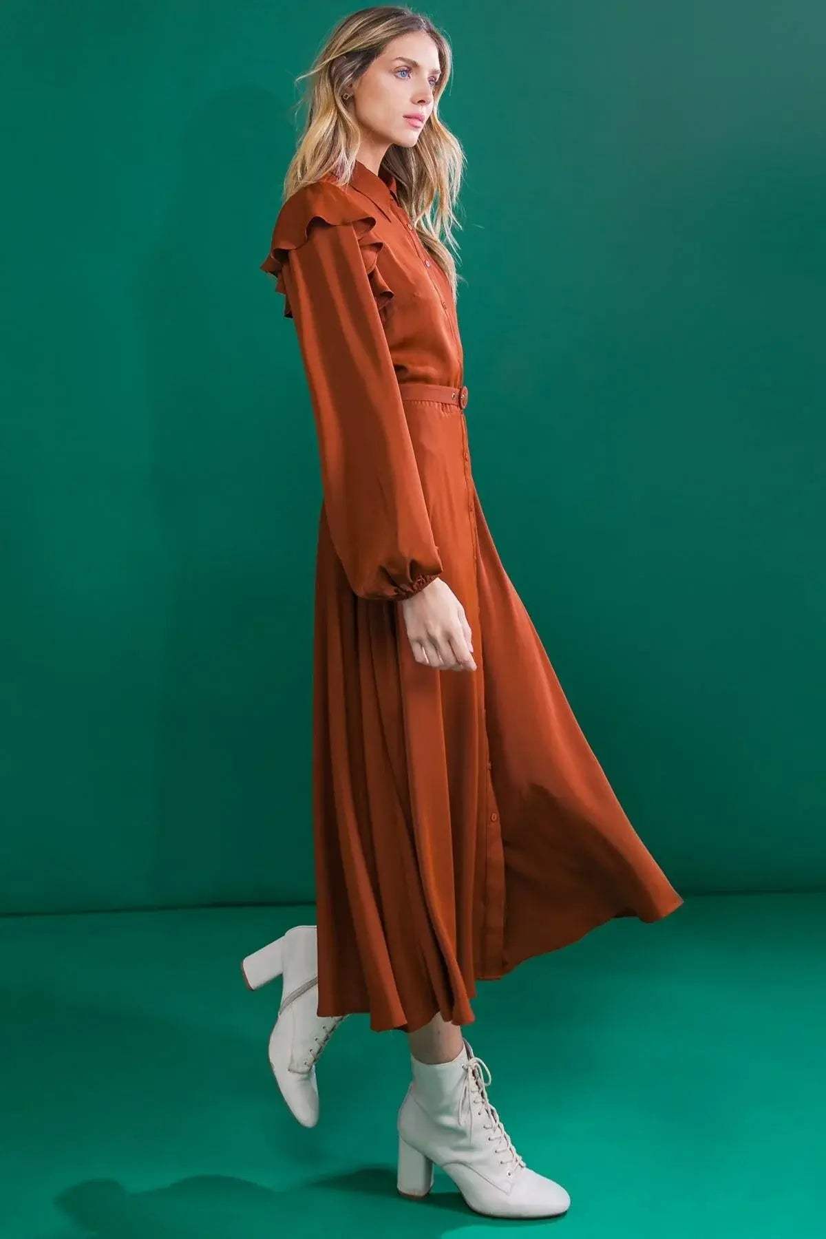 TIER ELEGANCE BROWN WOVEN MIDI DRESS - Flying Tomato - Flyclothing LLC
