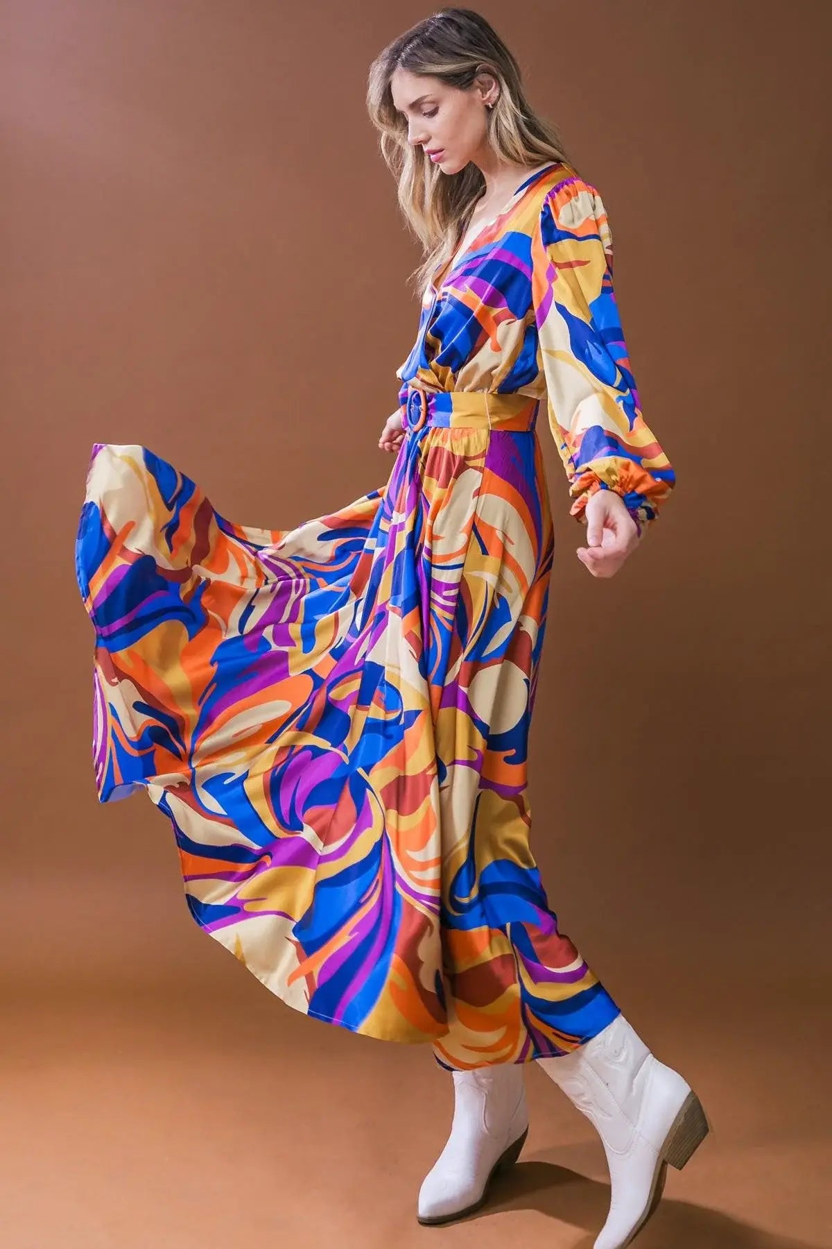 BOLD ADVENTURES WOVEN SATIN MIDI DRESS - Flying Tomato - Flyclothing LLC