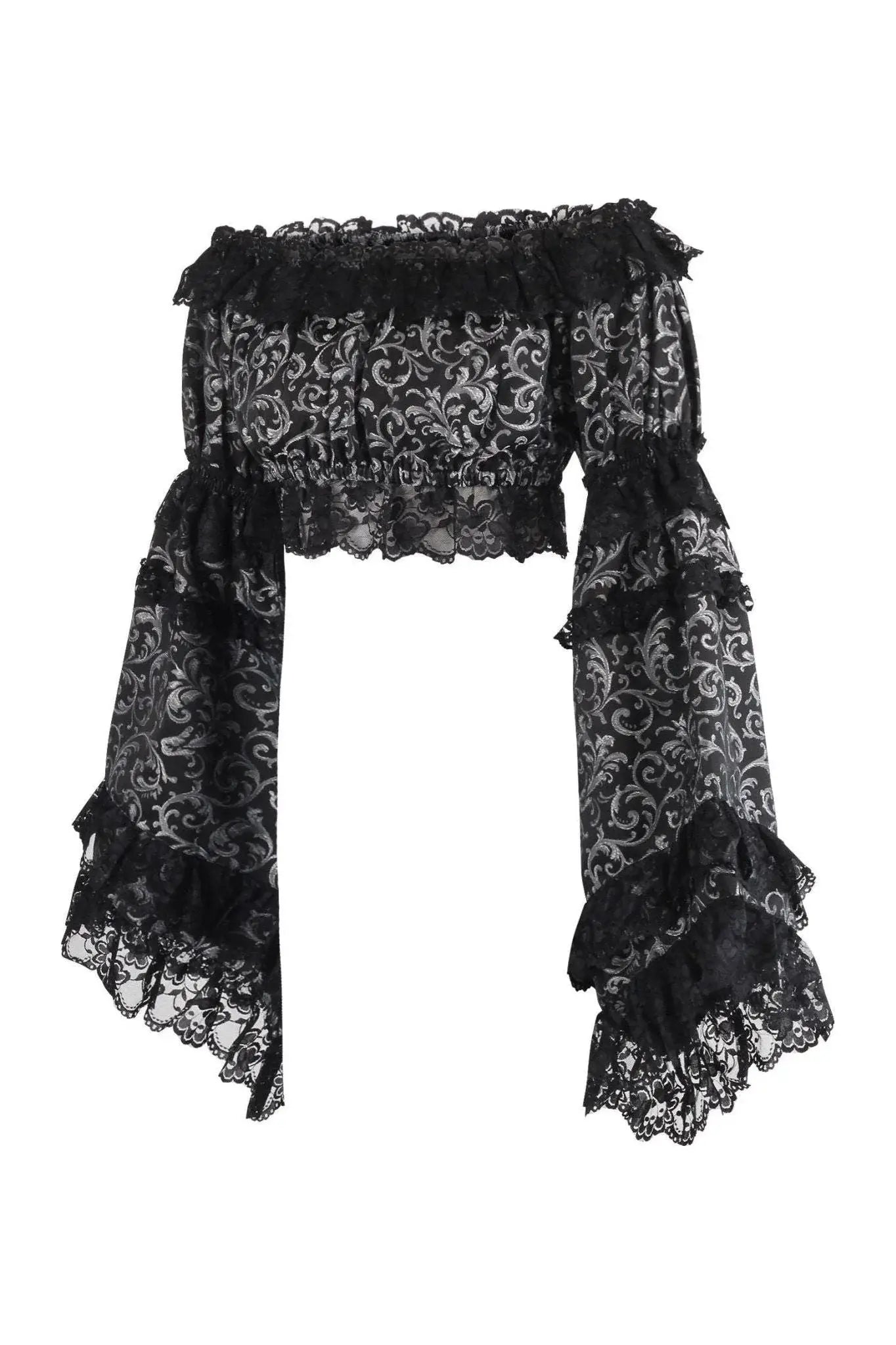 Daisy Corsets Silver/Black Brocade Smocked Flare Sleeve Peasant Top - Daisy Corsets - Flyclothing LLC