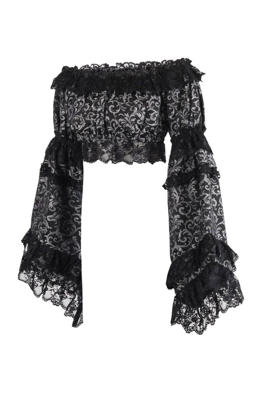 Daisy Corsets Silver/Black Brocade Smocked Flare Sleeve Peasant Top