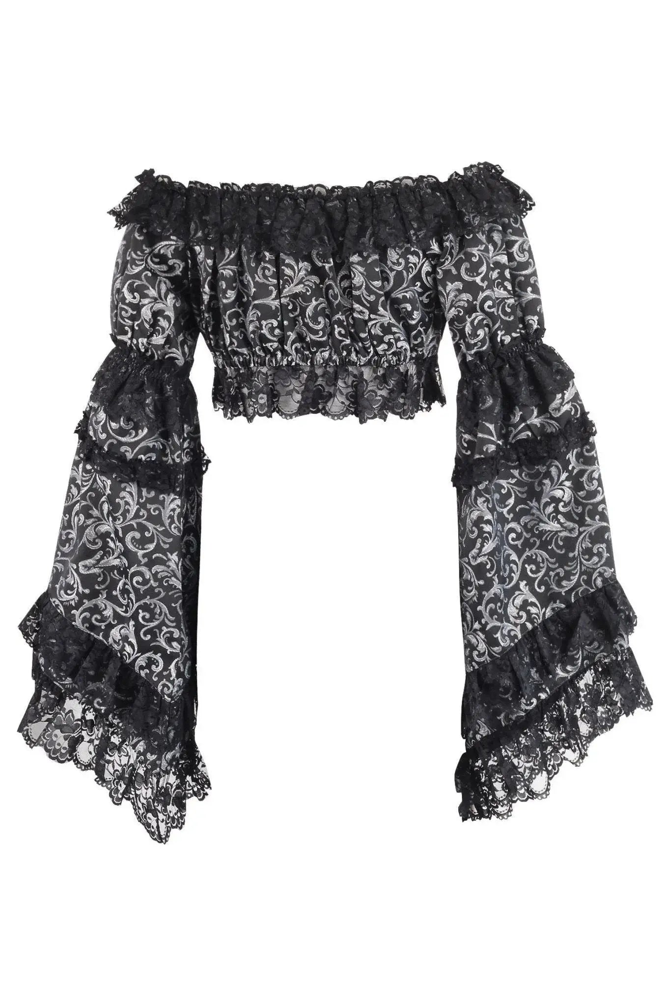Daisy Corsets Silver/Black Brocade Smocked Flare Sleeve Peasant Top - Daisy Corsets - Flyclothing LLC