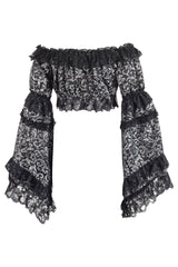 Daisy Corsets Silver/Black Brocade Smocked Flare Sleeve Peasant Top
