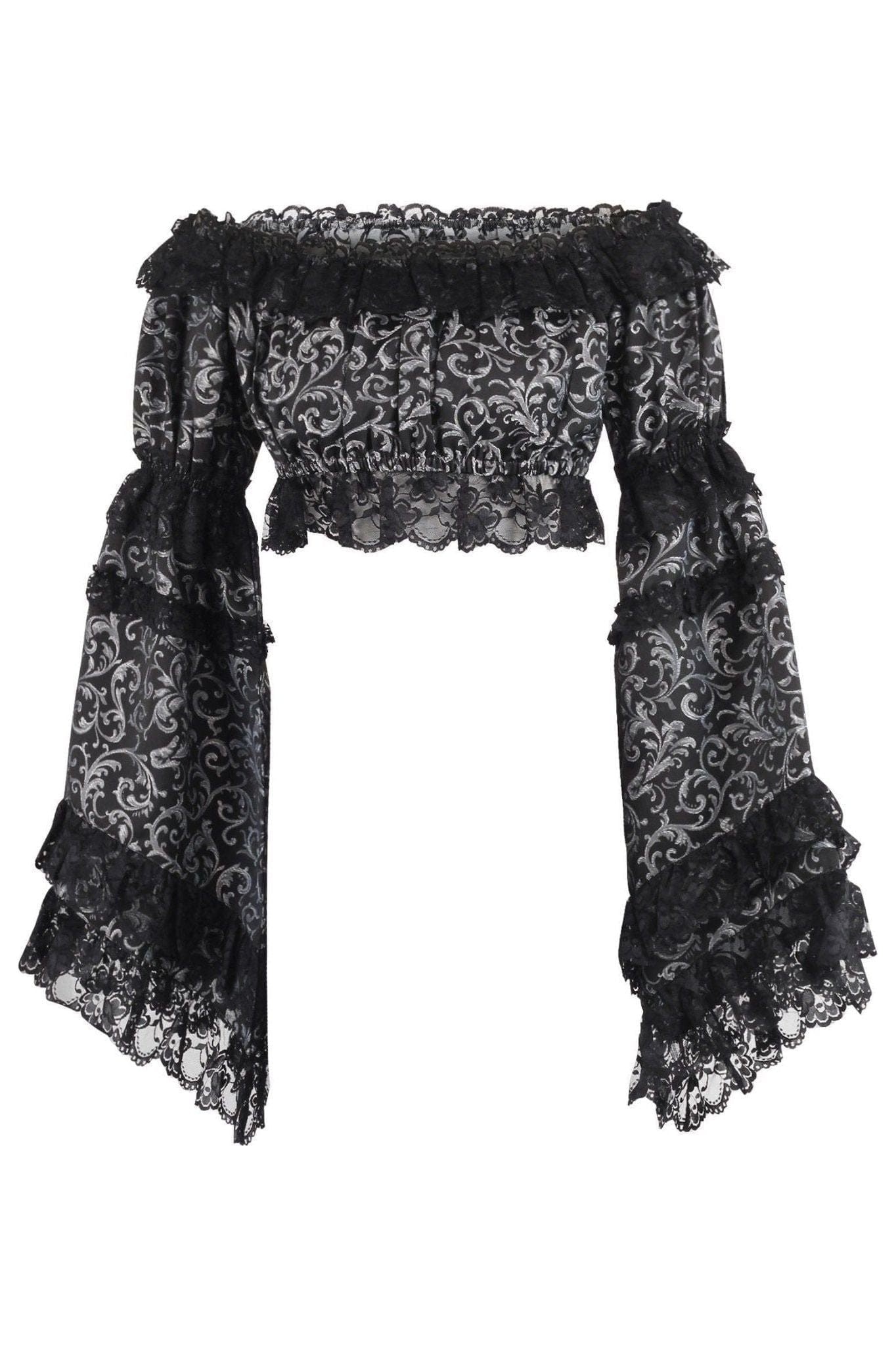 Daisy Corsets Silver/Black Brocade Smocked Flare Sleeve Peasant Top