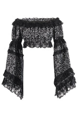 Daisy Corsets Silver/Black Brocade Smocked Flare Sleeve Peasant Top - Daisy Corsets - Flyclothing LLC
