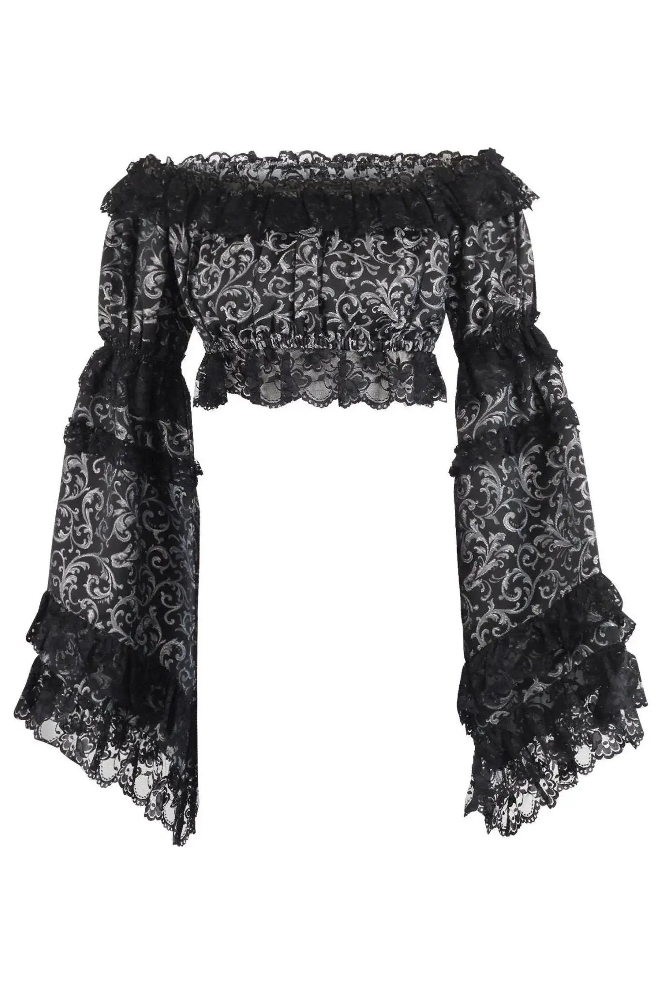 Daisy Corsets Silver/Black Brocade Smocked Flare Sleeve Peasant Top - Daisy Corsets - Flyclothing LLC
