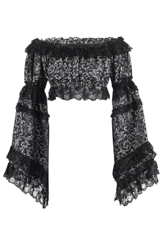 Daisy Corsets Silver/Black Brocade Smocked Flare Sleeve Peasant Top