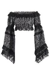 Daisy Corsets Silver/Black Brocade Smocked Flare Sleeve Peasant Top