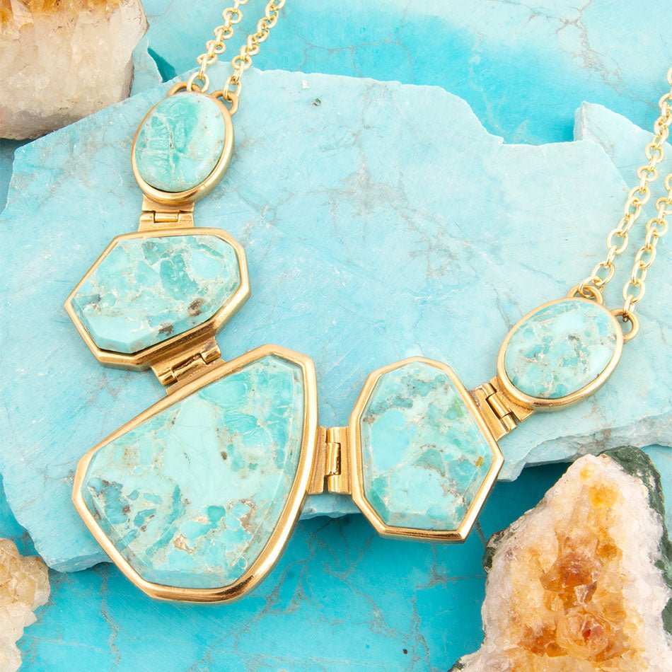 Slabs of Blue Turquoise Golden Statement Necklace - Barse Jewelry - Flyclothing LLC