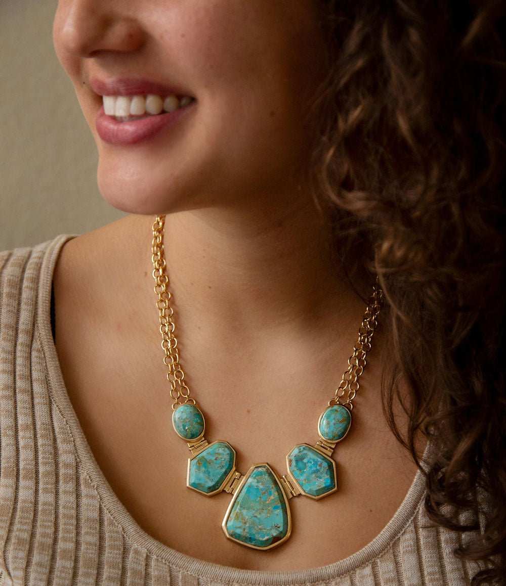 Slabs of Blue Turquoise Golden Statement Necklace - Barse Jewelry - Flyclothing LLC