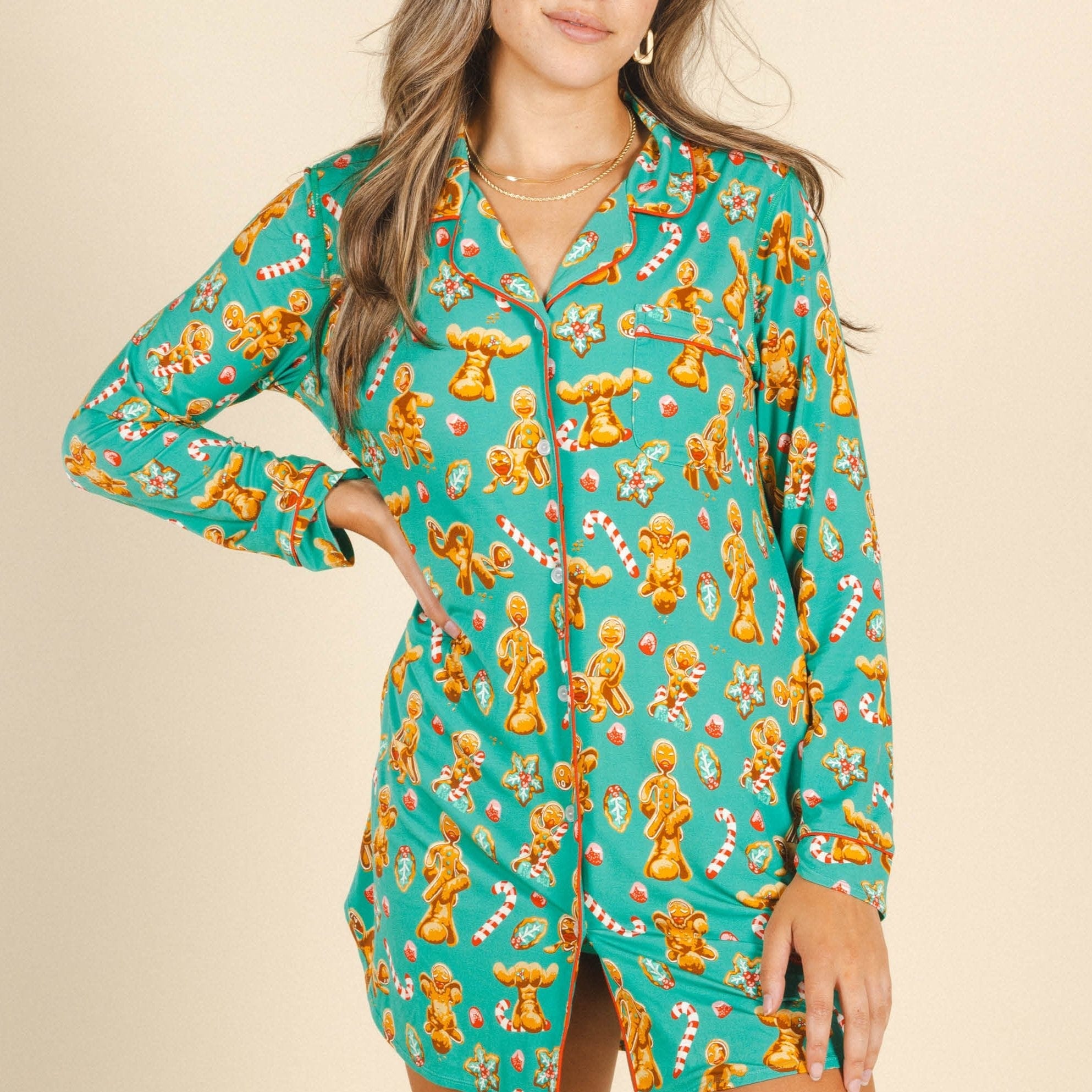 The Ginger Rail | Gingerbread SleepDeep™ Long Sleeve Pajama Dress - Shinesty