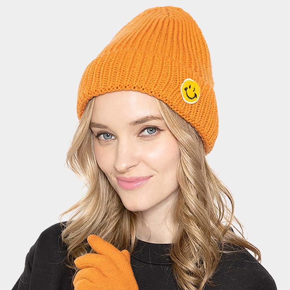 SMILE Patch Pointed Ribbed Knit Beanie Hat - Madeline Love - Flyclothing LLC