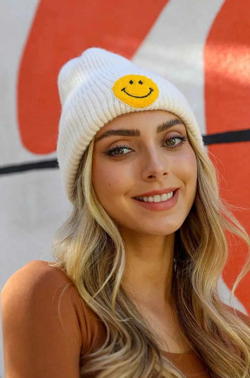 Smiley Face Ribbed Beanie 🙂 - Boho Clothing and Accessories - Flyclothing LLC
