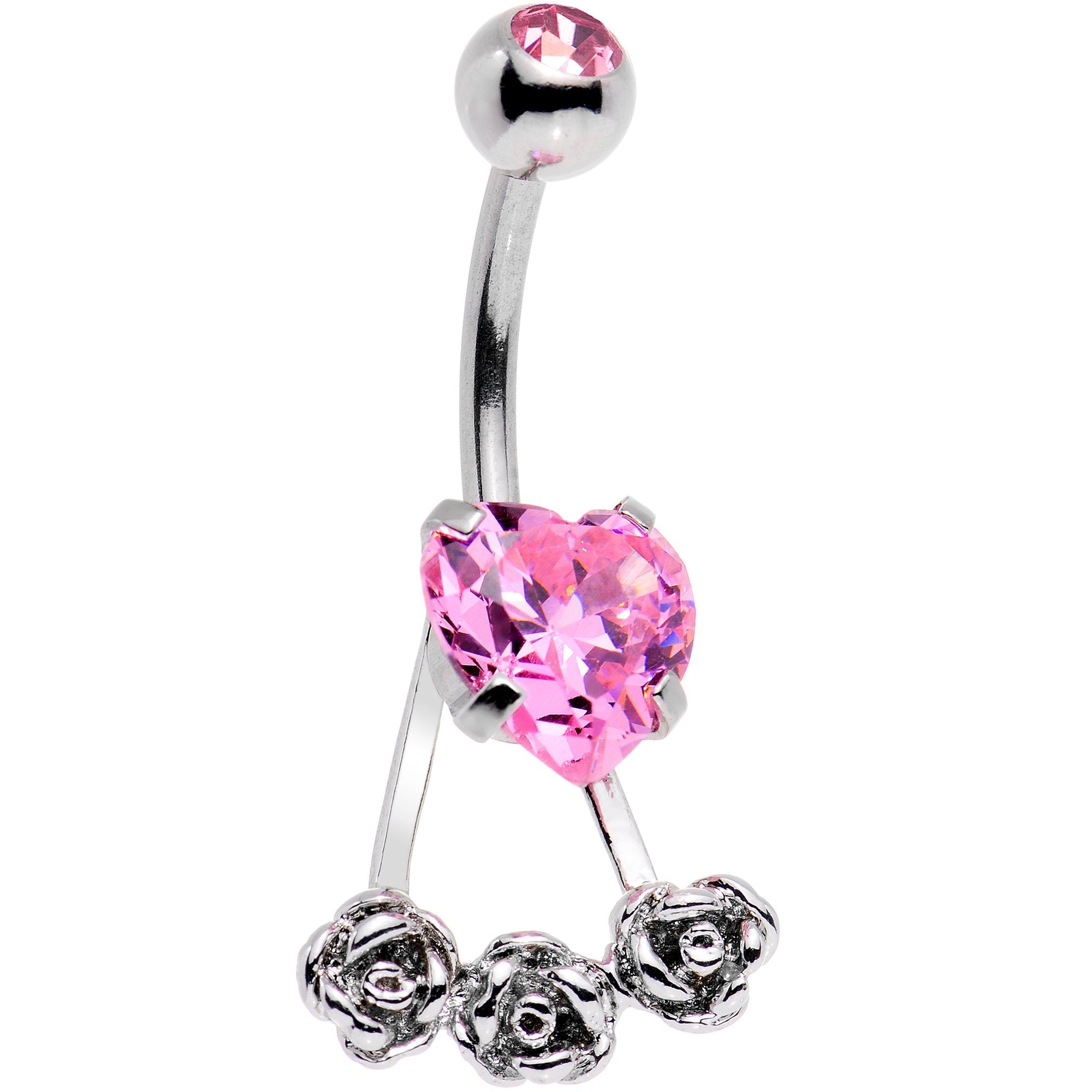 Pink CZ Gem Heart Kissed Rose Flower Dangle Belly Ring - BodyCandy - Flyclothing LLC