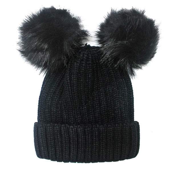 Soft Knit Double Faux Fur Pom Pom Beanie Hat - Madeline Love - Flyclothing LLC