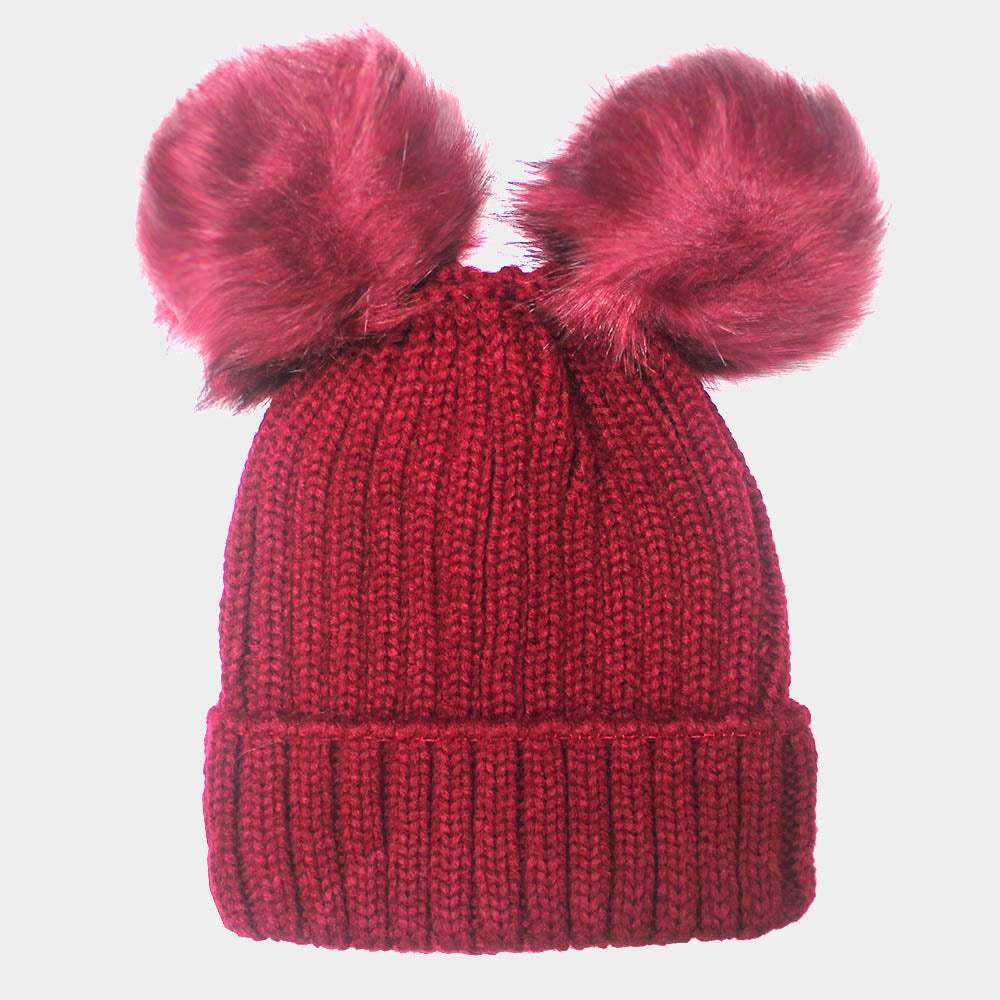 Soft Knit Double Faux Fur Pom Pom Beanie Hat - Madeline Love - Flyclothing LLC