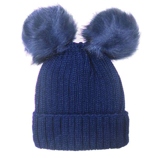 Soft Knit Double Faux Fur Pom Pom Beanie Hat - Madeline Love - Flyclothing LLC