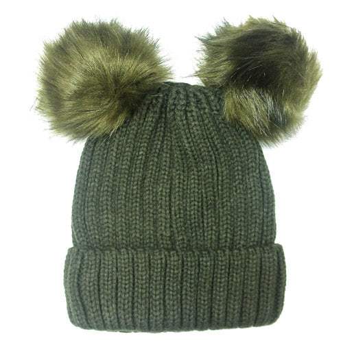 Soft Knit Double Faux Fur Pom Pom Beanie Hat - Madeline Love - Flyclothing LLC