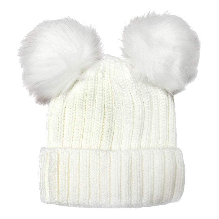 Soft Knit Double Faux Fur Pom Pom Beanie Hat - Madeline Love - Flyclothing LLC