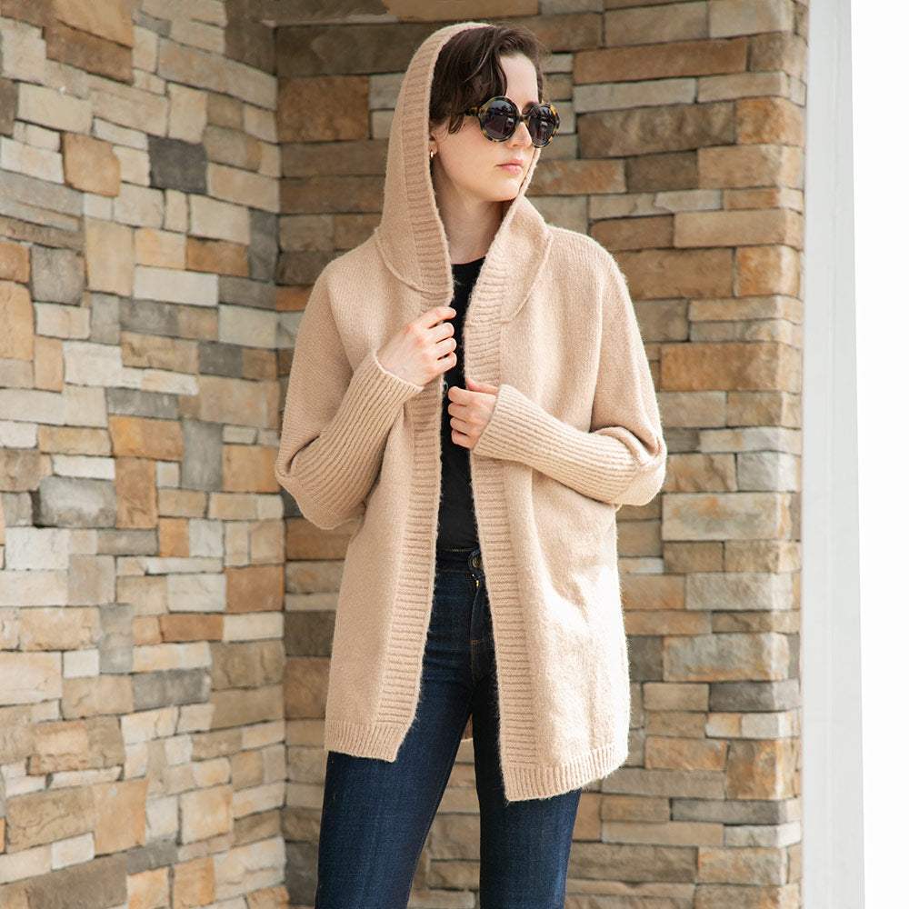 Solid Color Knitted Hood and Ribbed Edges Cardigan - Madeline Love - Flyclothing LLC