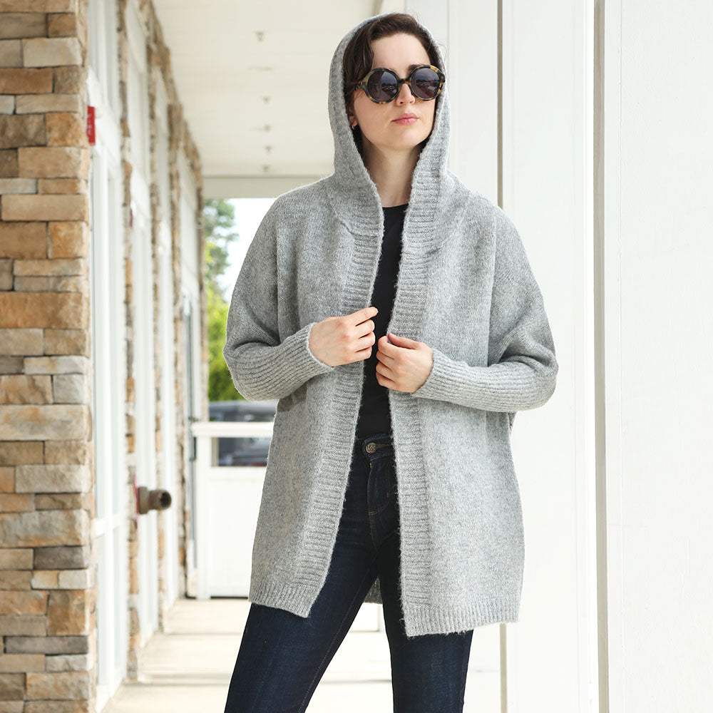 Solid Color Knitted Hood and Ribbed Edges Cardigan - Madeline Love - Flyclothing LLC