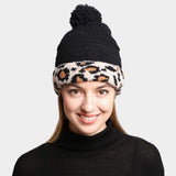 Solid Color Linked Leopard Accented Pom-Pom Beanie - Madeline Love - Flyclothing LLC