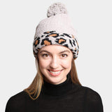 Solid Color Linked Leopard Accented Pom-Pom Beanie - Madeline Love - Flyclothing LLC